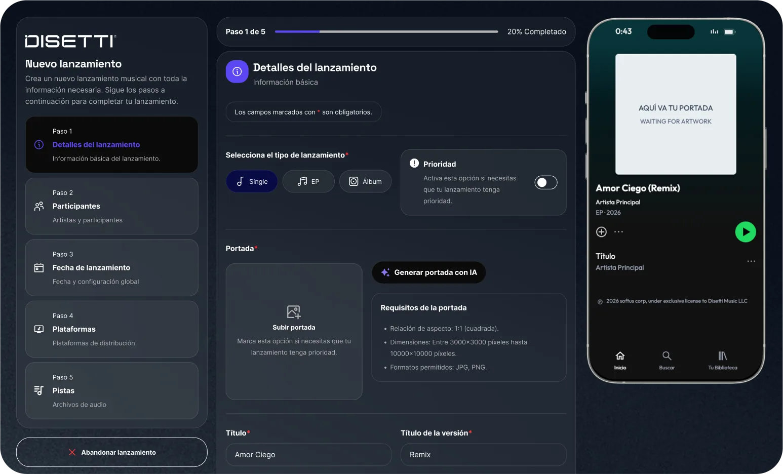 Panel de creación de lanzamiento en la app de Disetti